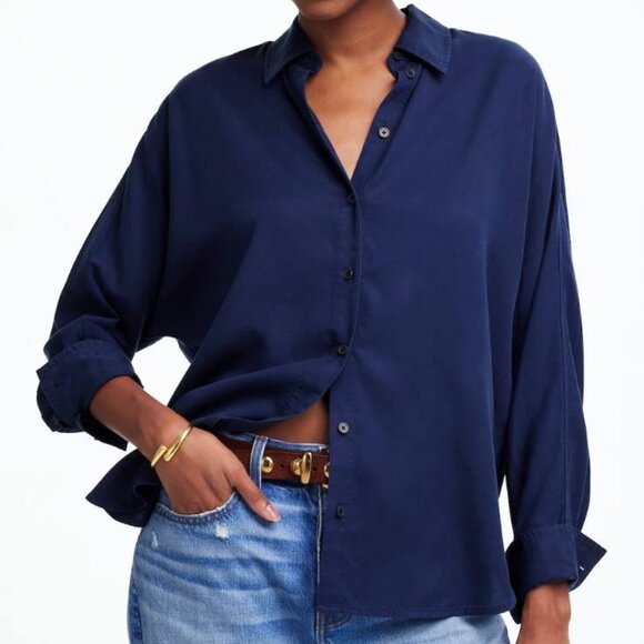 Madewell Tops - MADEWELL Women's Small Relaxed Dolman Button-Up Shirt Navy Blue Oversized Blouse